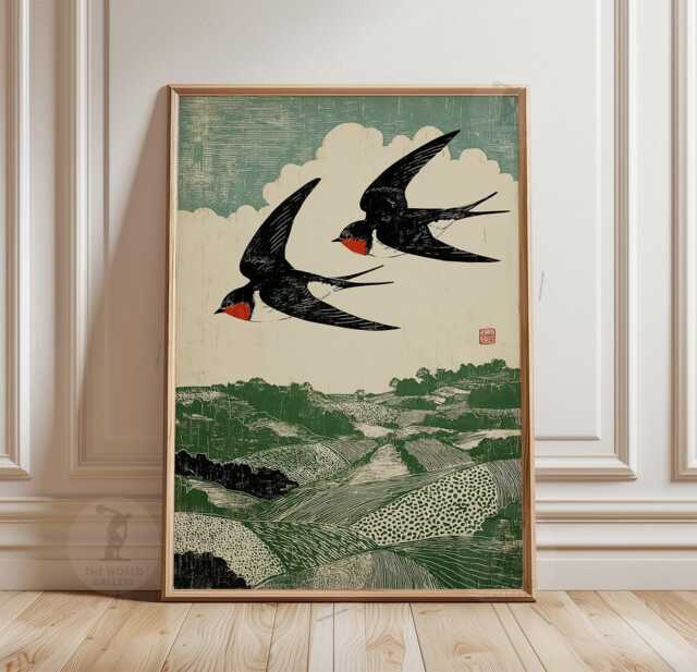 Swallow Bird Poster Print - Vintage Countryside Landscape Wall Art Woodcut Style Nature Illustration - image 1