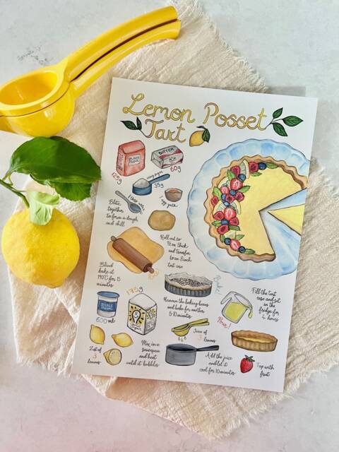 Lemon Posset Tart Recipe Illustration, Art Print, A5, A4, A3 - image 1