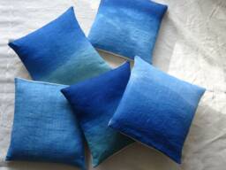 Decorative Square Cushions in Blue Linen Tie-Dye Pattern Boho Style, Plain & Gradient, Natural Indigo Dye, Handmade - thumbnail 1