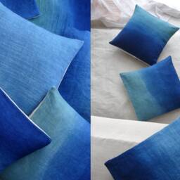 Decorative Square Cushions in Blue Linen Tie-Dye Pattern Boho Style, Plain & Gradient, Natural Indigo Dye, Handmade - thumbnail 2