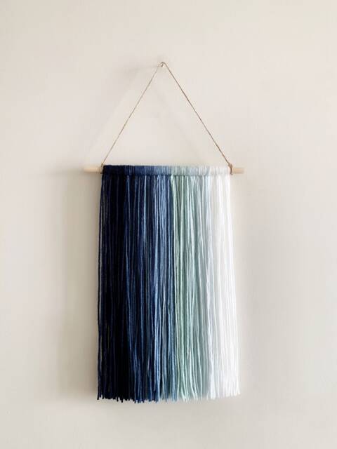 Ombre Blue Yarn Wall Hanging, Macrame On Wood Rod - image 1