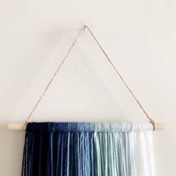 Ombre Blue Yarn Wall Hanging, Macrame On Wood Rod - thumbnail 2