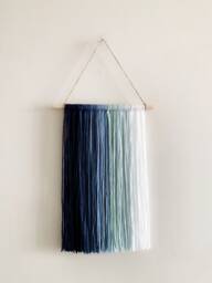 Ombre Blue Yarn Wall Hanging, Macrame On Wood Rod - thumbnail 1