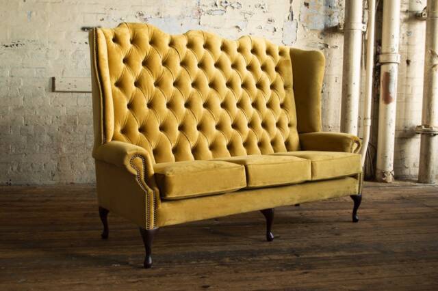 British Handmade Mustard Velvet 3 Seater High Back Chesterfield Sofa - image 1