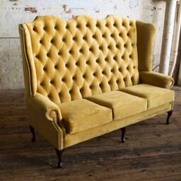 British Handmade Mustard Velvet 3 Seater High Back Chesterfield Sofa - thumbnail 2