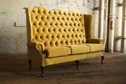 British Handmade Mustard Velvet 3 Seater High Back Chesterfield Sofa