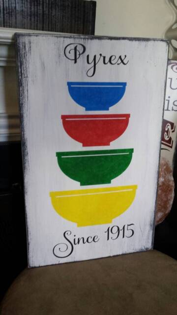Pyrex Wood Sign Rustic Distressed Large Wall Hanging Primitive Kitchen Decor Farmhouse Nesting Bowls Primary Colors - image 1