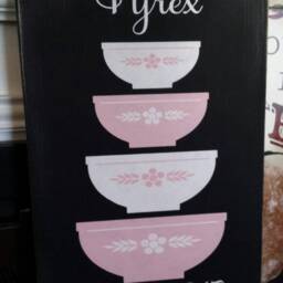 Pyrex Wood Sign Rustic Distressed Large Wall Hanging Primitive Kitchen Decor Farmhouse Nesting Bowls Primary Colors - thumbnail 4