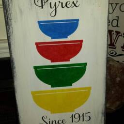 Pyrex Wood Sign Rustic Distressed Large Wall Hanging Primitive Kitchen Decor Farmhouse Nesting Bowls Primary Colors - thumbnail 2
