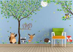 Jungle Wall Decal, Full Tree Wall Sticker, Woodland, Nursery, Home Decor-Night Time Forest With Animals, Corner Branch, Moon, Fireflies - thumbnail 1