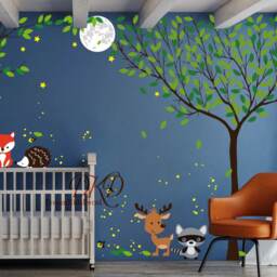 Jungle Wall Decal, Full Tree Wall Sticker, Woodland, Nursery, Home Decor-Night Time Forest With Animals, Corner Branch, Moon, Fireflies - thumbnail 2