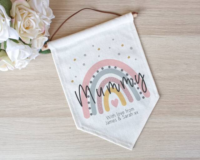 Personalised Rainbow Mummy Linen Flag, Wall Banner Flag, Pennant Room Decor, Mother's Day Gifts - image 1