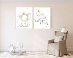 Elephant Nursery Art Print Gold Stars, Twinkle Decor - thumbnail 1
