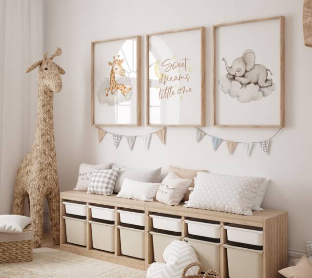 Set Of 3 Sweet Dreams Nursery Prints - Sleeping Safari Animals Watercolour Giraffe Elephant Wall Art Baby Room Boho Neutral Unframed - image 1