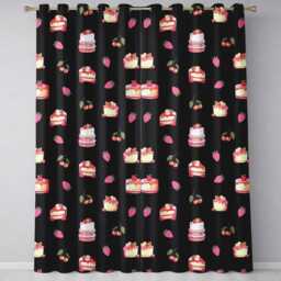 Cute Strawberry Cake Cherry Dessert Black Background Seamless Pattern Readymade Eyelet Ring Top Thermal 100% Blackout Curtains - thumbnail 2