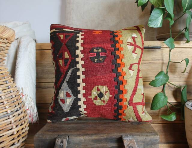 Vintage Kilim Pillow Cover - 16 Inch, Handwoven Wool Rug Cushion - image 1