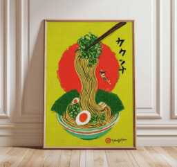 Japanese Ramen Wall Art, Retro Noodle Bowl Poster, Asian Food Illustration, Colorful Kitchen Decor Print - thumbnail 1