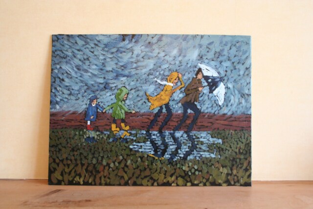 Rain On The Parade, Oil Painting, Family, Parents & Kids, Children, Rain, Umbrella, Storm Clouds, Modern, Contemporary, Collectible - image 1