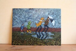 Rain On The Parade, Oil Painting, Family, Parents & Kids, Children, Rain, Umbrella, Storm Clouds, Modern, Contemporary, Collectible - thumbnail 1