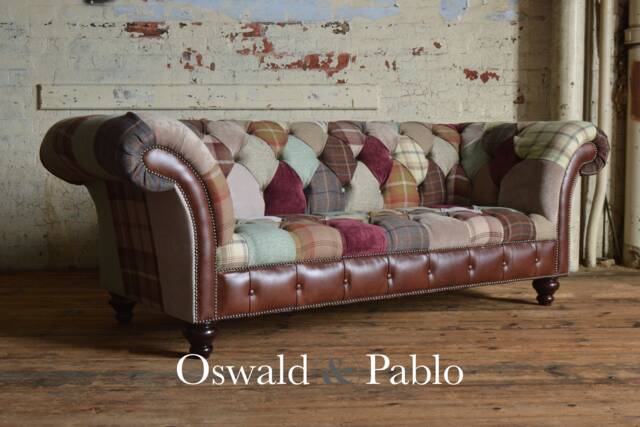 Unique British Handmade 3 Seater Patchwork Chesterfield Sofa - Red/Brown Beige Contrasting Vintage Leather - image 1