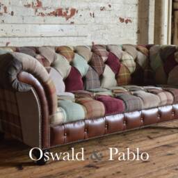 Unique British Handmade 3 Seater Patchwork Chesterfield Sofa - Red/Brown Beige Contrasting Vintage Leather - thumbnail 3