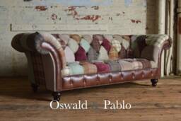 Unique British Handmade 3 Seater Patchwork Chesterfield Sofa - Red/Brown Beige Contrasting Vintage Leather - thumbnail 1