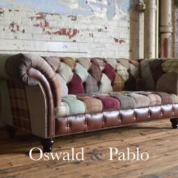 Unique British Handmade 3 Seater Patchwork Chesterfield Sofa - Red/Brown Beige Contrasting Vintage Leather - thumbnail 2