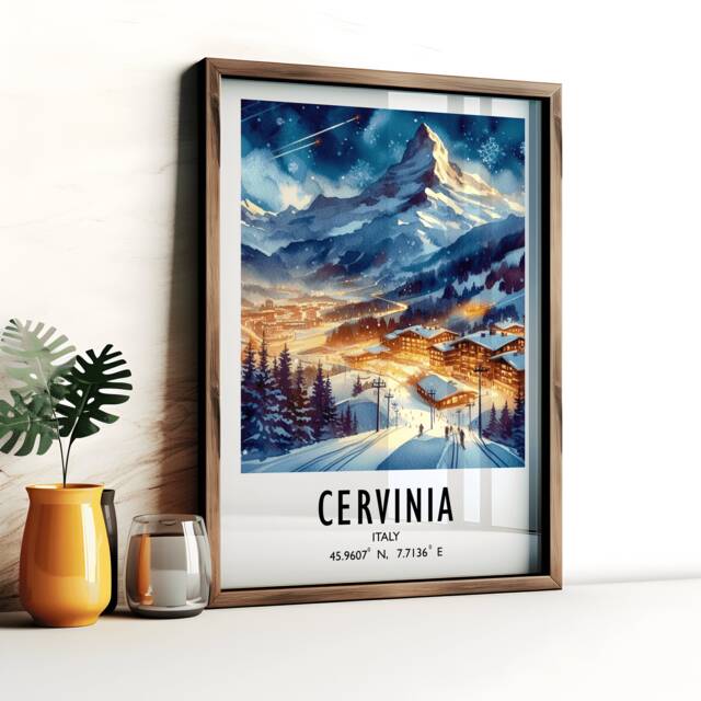 Cervinia Ski Poster Print - Watercolour Alpine Art - Travel Wall Artwork Skiing Gifts Italian Alps Decor Resort Snowboarding Gift - image 1