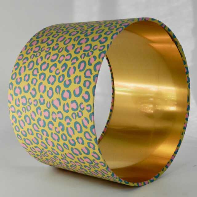 Handmade Leopard Print Lampshade Pink, Teal & Ochre, Gold Lined. Optional Fringe - image 1