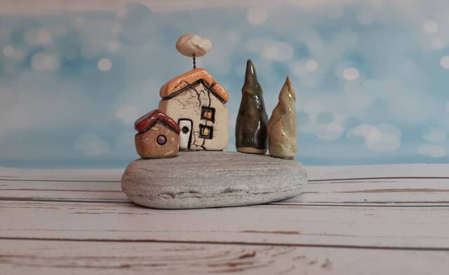 Small Sculpture Art Of A Ceramic Houses & Trees On Flat Gray Beach Stone, One Kind Home Decor - image 1
