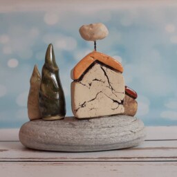 Small Sculpture Art Of A Ceramic Houses & Trees On Flat Gray Beach Stone, One Kind Home Decor - thumbnail 4