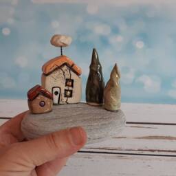 Small Sculpture Art Of A Ceramic Houses & Trees On Flat Gray Beach Stone, One Kind Home Decor - thumbnail 2