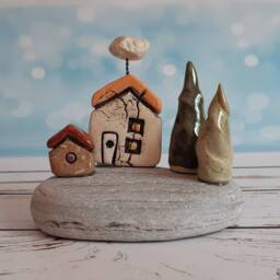 Small Sculpture Art Of A Ceramic Houses & Trees On Flat Gray Beach Stone, One Kind Home Decor - thumbnail 3