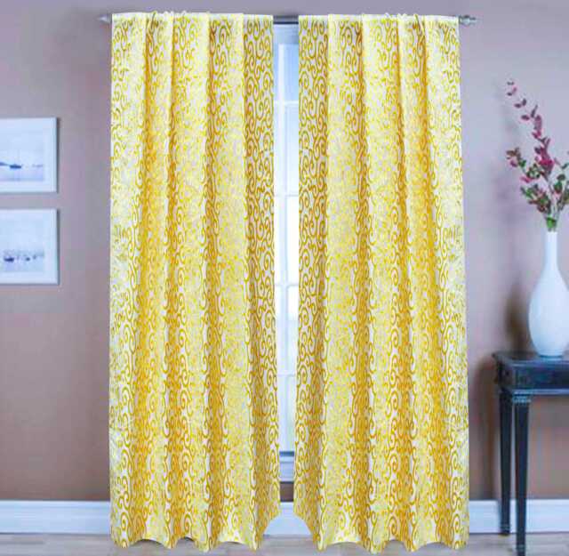 Mimosa Yellow Scrolls Burnout Velvet Curtain Panels - Rod Pocket, Grommet, Box Pleat, Three Pinch Tab Top & Plain Ring Top - image 1
