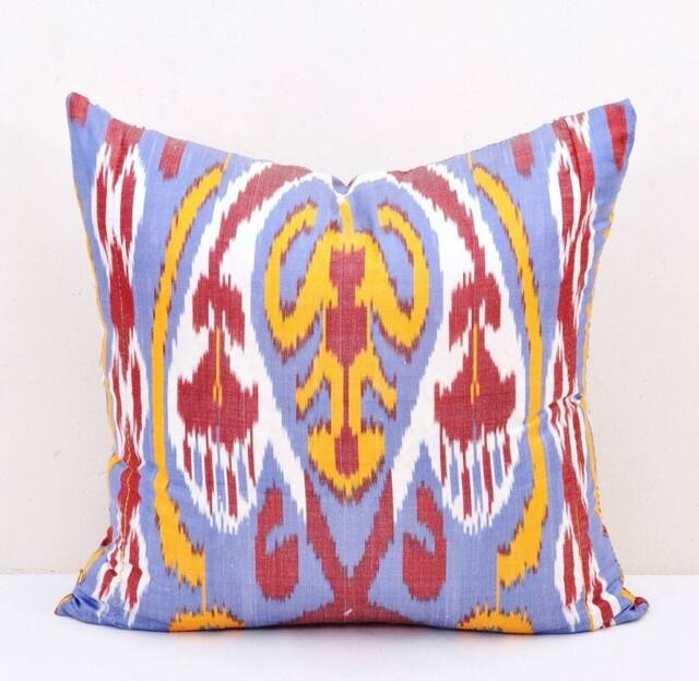 Blue Ikat Pillow Cover, Handmade Silk Cotton Cushion - 20x20 In - image 1