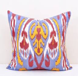 Blue Ikat Pillow Cover, Handmade Silk Cotton Cushion - 20x20 In - thumbnail 1