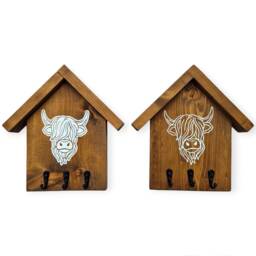 Highland Cow Key Hooks, Rustic Wall Mounted Rack, Hallway Organiser, Entryway, Key Holder, New Home Gift, Handmade Christmas Present - thumbnail 1