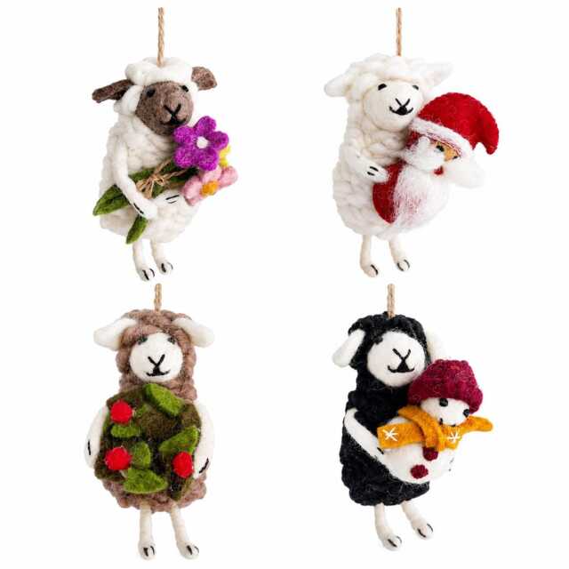 Felt Sheep Holding Flowers Ornament, Christmas Jute Thread String, Biodegradable, Tree Hanging Decorations, Fair Trade Ornament - image 1