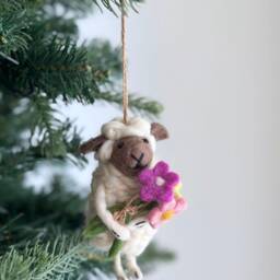 Felt Sheep Holding Flowers Ornament, Christmas Jute Thread String, Biodegradable, Tree Hanging Decorations, Fair Trade Ornament - thumbnail 3