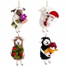 Felt Sheep Holding Flowers Ornament, Christmas Jute Thread String, Biodegradable, Tree Hanging Decorations, Fair Trade Ornament