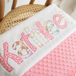 Monogrammed Baby Blanket in Flourish, Coral Dot Minky & White Chenille, Personalized With Your Girl's First Name Zig Zags - thumbnail 2