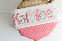 Monogrammed Baby Blanket in Flourish, Coral Dot Minky & White Chenille, Personalized With Your Girl's First Name Zig Zags - thumbnail 1