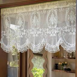White Embroidered Lace Valance Curtain, Vintage Style Sheer Short Curtain With Pearl Edging - thumbnail 2