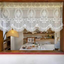 White Embroidered Lace Valance Curtain, Vintage Style Sheer Short Curtain With Pearl Edging - thumbnail 3