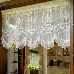 White Embroidered Lace Valance Curtain, Vintage Style Sheer Short Curtain With Pearl Edging - thumbnail 1