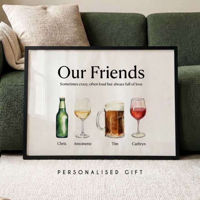 Custom Friends Print With Drink Glasses - Family Names Gift For Her Personalised Best Friend Wine Wall Art Gifts Mothers Mum - image 1