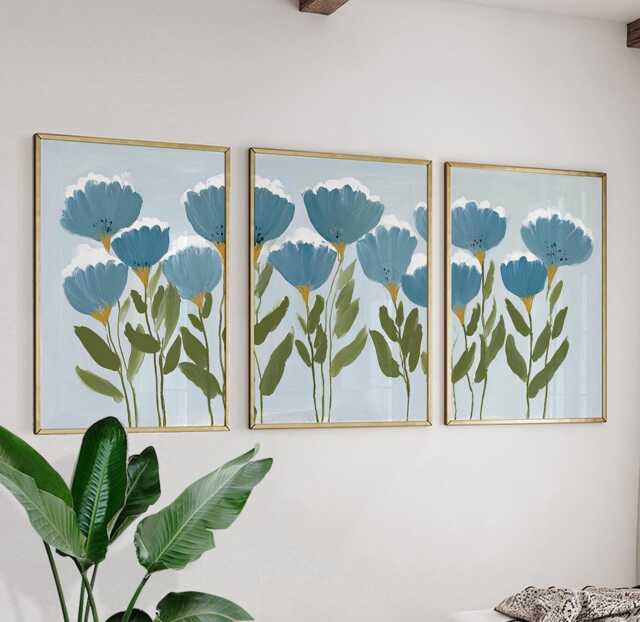 Blue Floral Botanical Posters - Minimal Painted Flower Art Set Of 3 - image 1