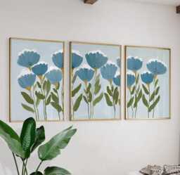 Blue Floral Botanical Posters - Minimal Painted Flower Art Set Of 3 - thumbnail 1