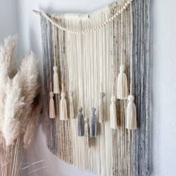 Neutral Textured Wall Hanging/Tapestry With Beads & Tassels - thumbnail 2