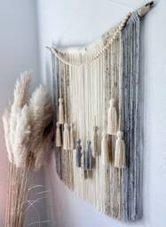 Neutral Textured Wall Hanging/Tapestry With Beads & Tassels - thumbnail 1